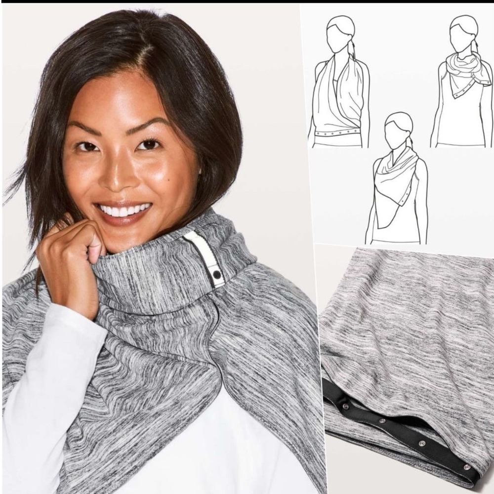 lululemon Vinyasa Scarf Rulu Heathered Black‎ White Snap Wrap Shawl Blanket